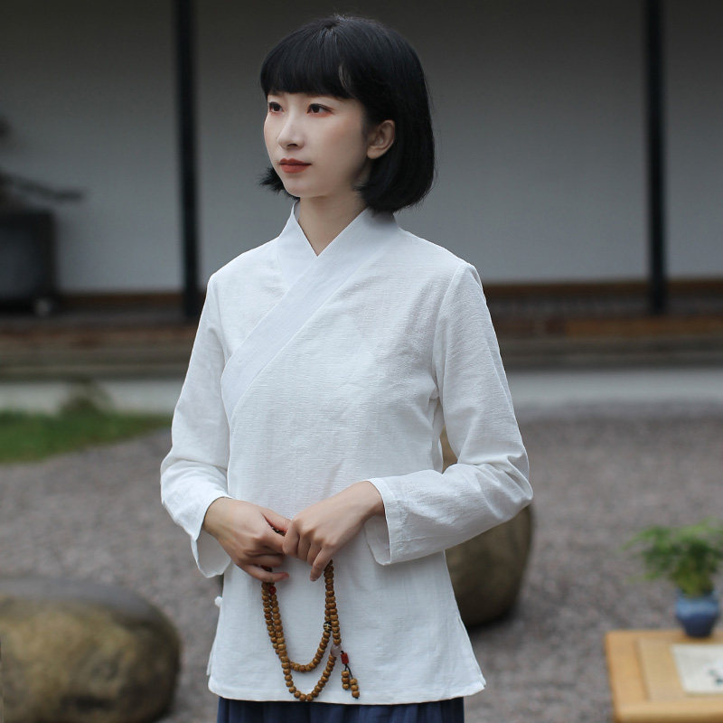 Cotton and linen Chinese-style cheongsam tops, improved Hanfu underwear, bottoming, middle clothing, women's spring and autumn, small Zen tea clothes, spring and autumn