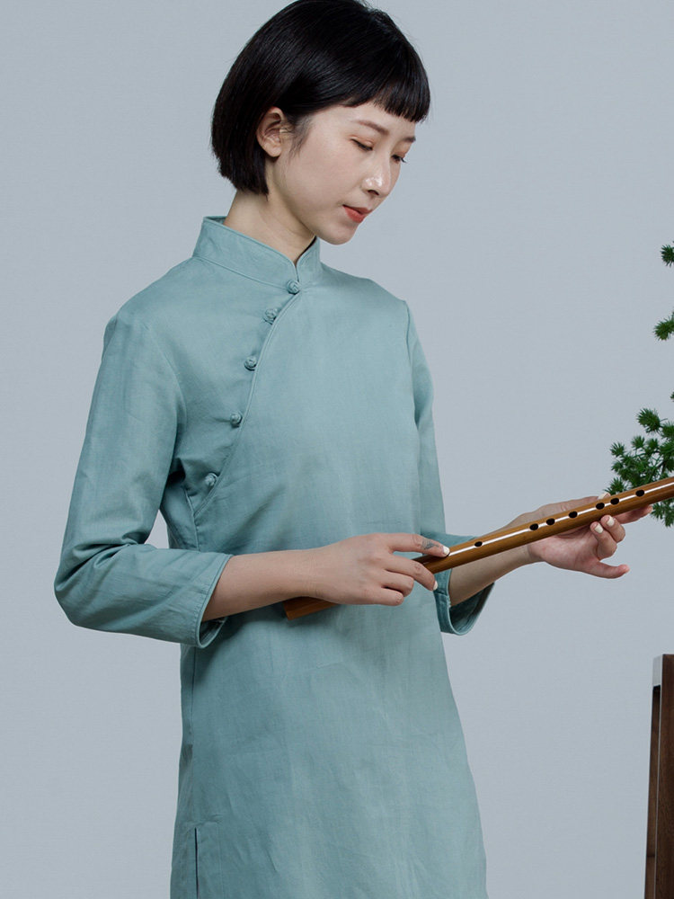 Chan Yi improved Chinese Cheongsam top seven-point sleeve Tang dress women's young version of the top Vegetarian tea women's linen tea dress summer