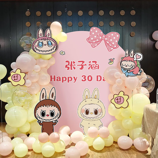 Labubu theme birthday boy girl baby full moon hundred days KT board layout balloon decoration party background wall