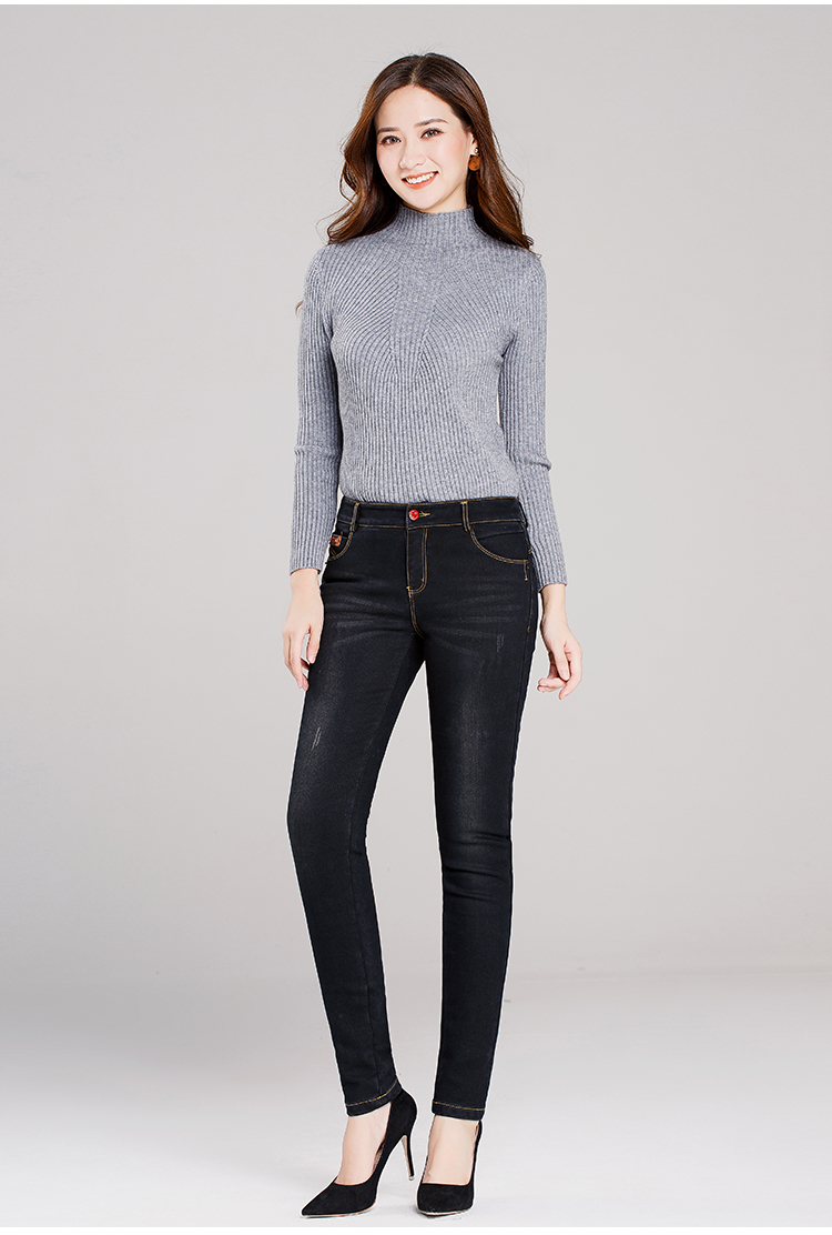 [Wang Shuo] mùa đông mới đen cao eo denim cộng với quần nhung cỡ lớn rửa chân thon gọn quần jean nữ 2021