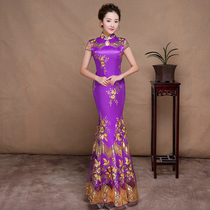 Purple slim bag hip Skinny fishtail cheongsam new 2020 performance catwalk etiquette embroidery long dress dress