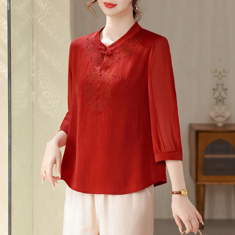 Elegant New Chinese-Style Dress for Mother-In-Law's Wedding Banquet, Stylish Blouse That Can Be Worn Daily, Red Silk Top for Mom Made of Real Mulberry Silk