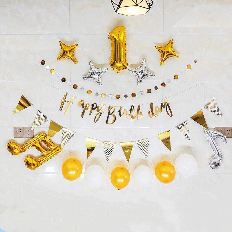 Baby birthday decoration golden pennant birthday party dress up pull flower adult party background decoration pull flag