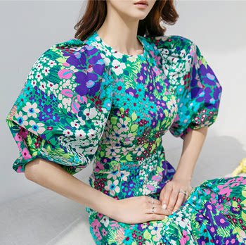 Moderate beauty clothing high-end custom summer women's new sweet retro temperament flower print puff sleeve plus size dress