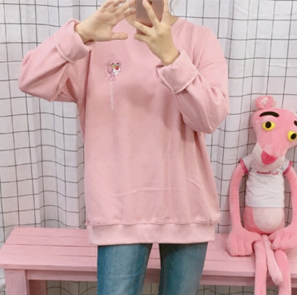 Spot Korea official website 21 autumn and winter soft girl cute pink naughty leopard embroidery plus velvet sweater