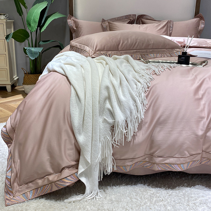 Light luxury 140s cotton long-staple cotton satin embroidery four-piece set of pure cotton simple Nordic style villa bedding