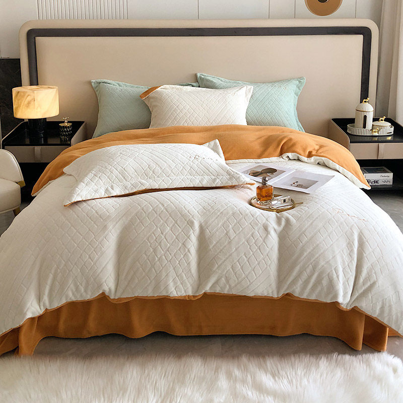 Winter warm three-dimensional carved milk velvet four-piece set simple solid color plus velvet quilt cover bed sheet double bedding