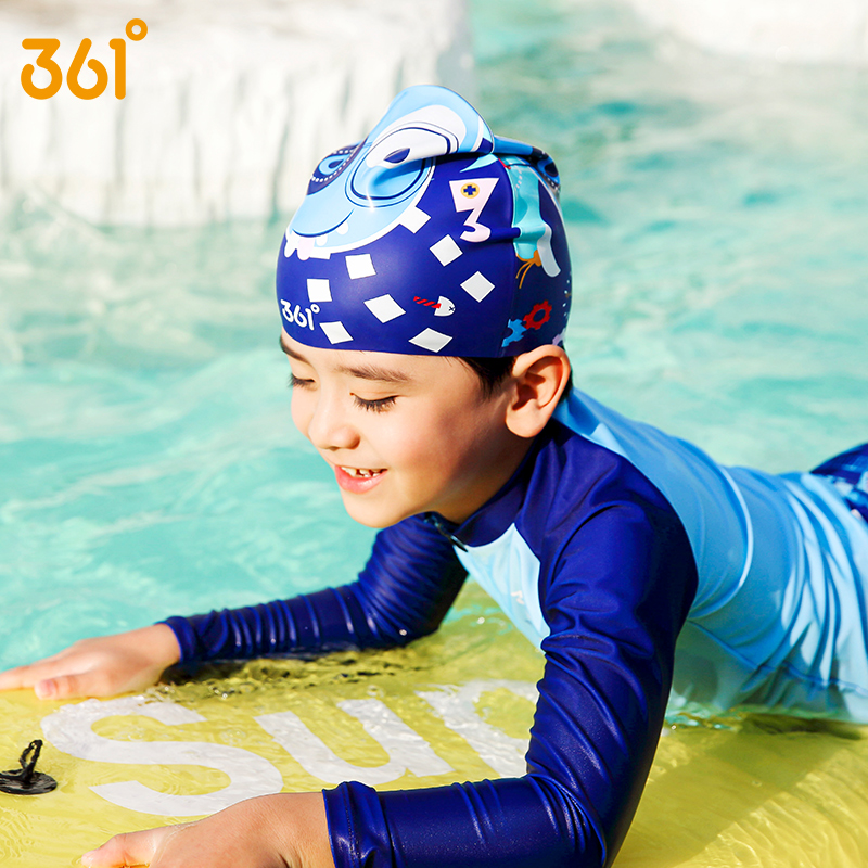 361 degree children's silicone swimming cap female male long hair waterproof no strangle head cute fashion child middle and older swimming cap