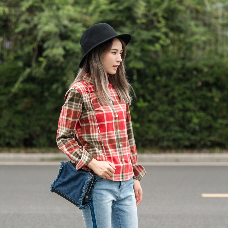 Mùa thu nữ 2018 mới thả lỏng kẻ sọc sọc dài tay áo sơ mi cotton sinh viên hoang dã áo sơ mi nữ dài tay màu đen