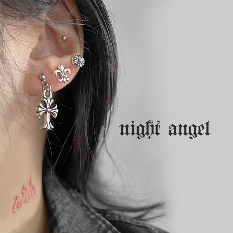 European and American punk cross ear pin niche antique earrings male personality six-pointed star tide cool dark earrings female