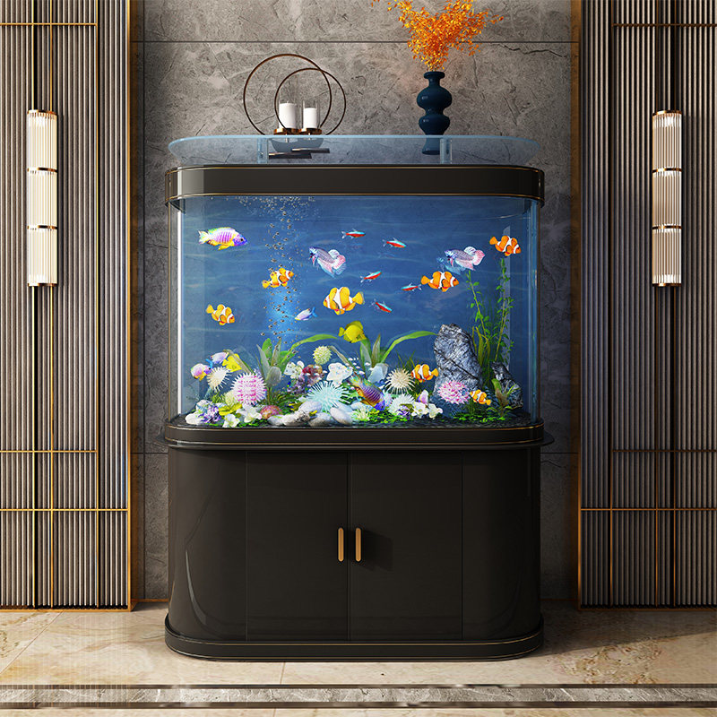 Light luxury fish tank aquarium bottom filter living room small, medium and large ultra-white floor-to-ceiling free water change European-style shoe cabinet goldfish tank wall