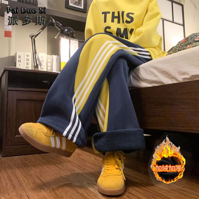 American-Style Striped Pants, New Autumn and Winter Fleece-Lined Loose Casual Pants, Unisex Large Size Sweatpants, Outdoor Pants, College Style