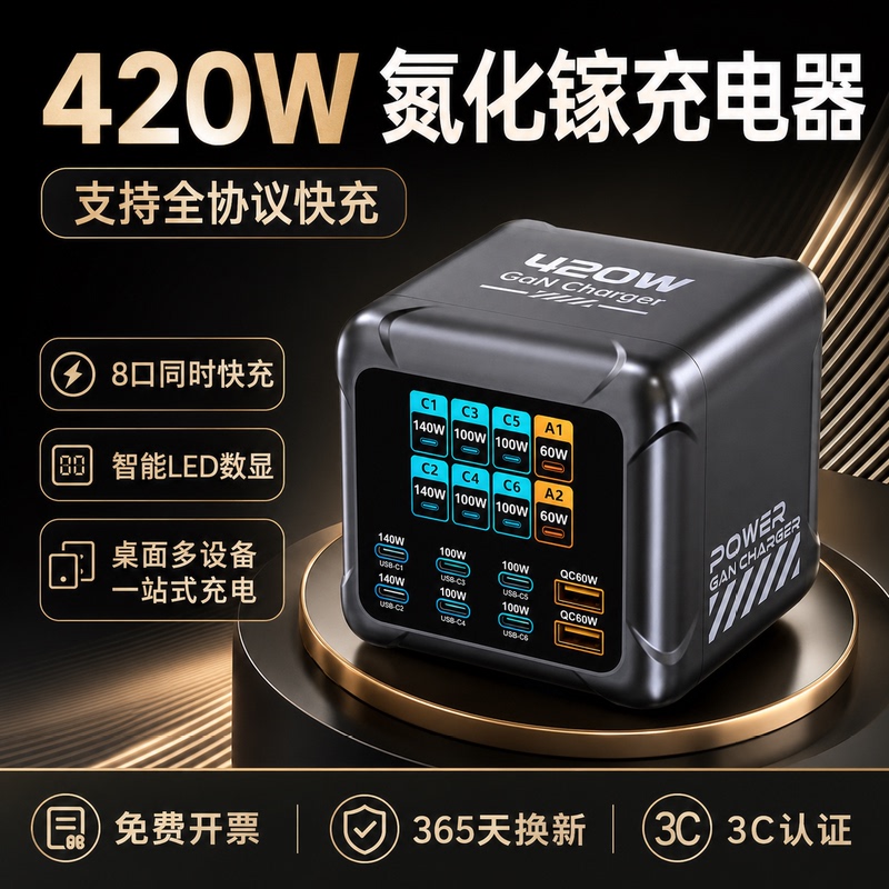 Leebote 420W Gallium Nitride Desktop Charging Station Pd3.1 Multi-Port Fast Charger with Digital Display Screen, Suitable for Laptops and Multiple Office Devices