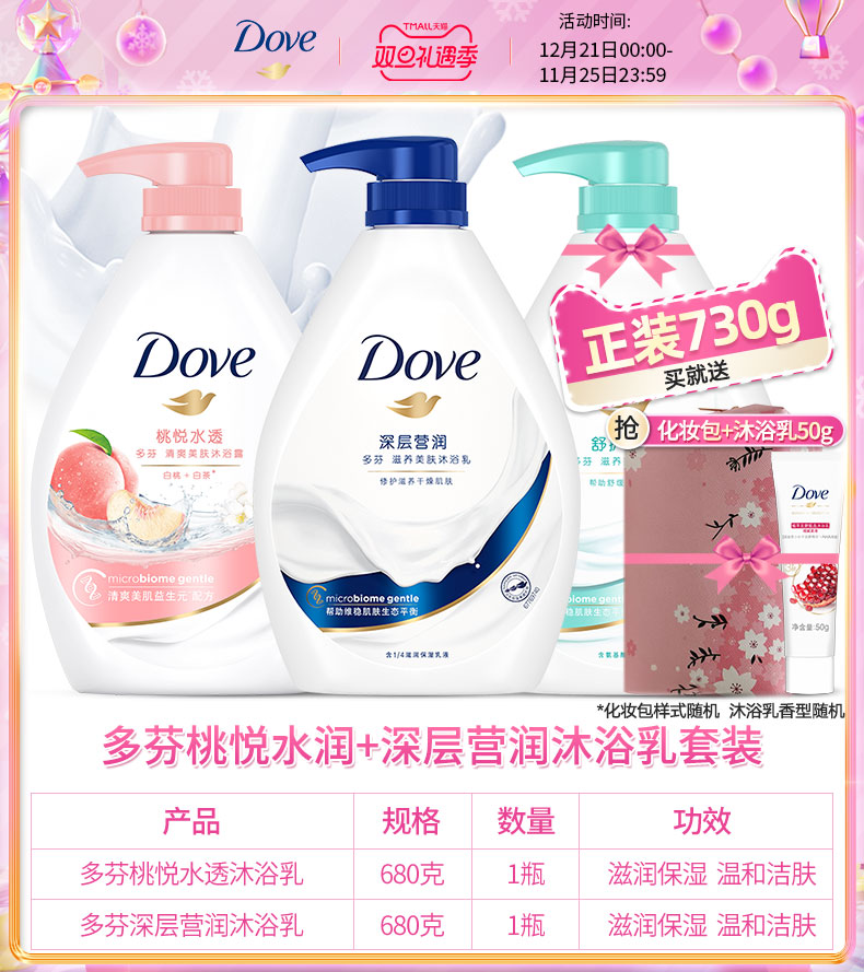 Dove 多芬 深层营润+桃悦水透沐浴露套装（680g*2瓶+730g+化妆包+沐浴50g）天猫优惠券折后￥69.9包邮