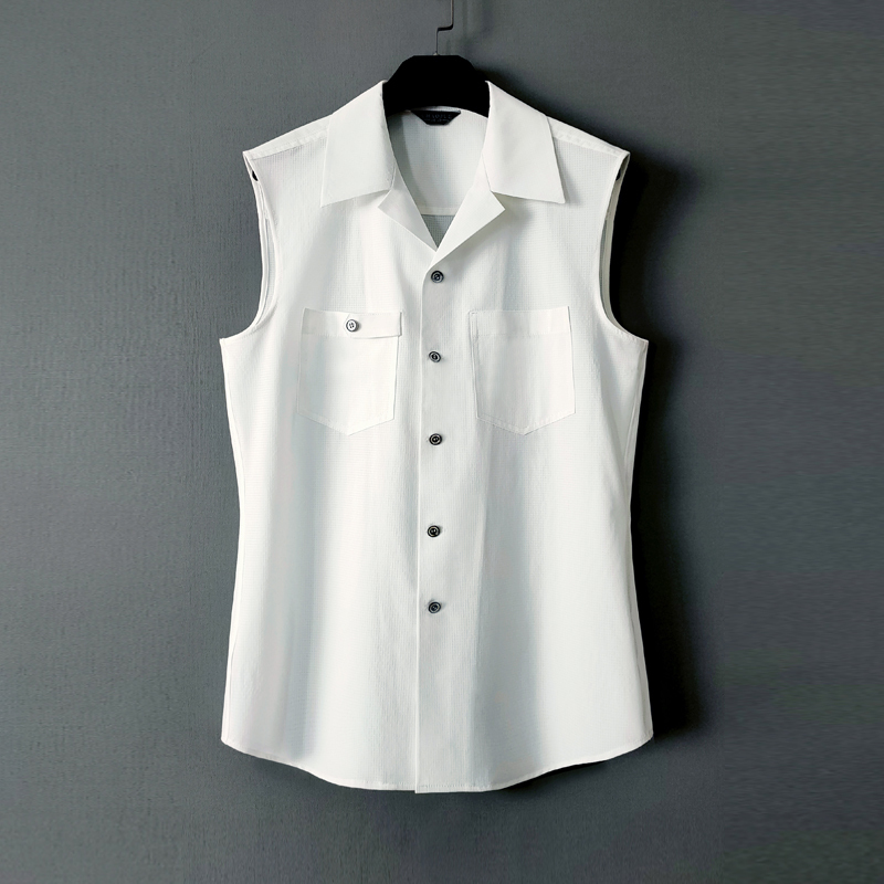 Summer Quick-Drying Sleeveless Shirt for Men 2026 New Style Light Luxury Fashion Cropped Sleeve Top Cuban Collar White Shirt Thin 1281