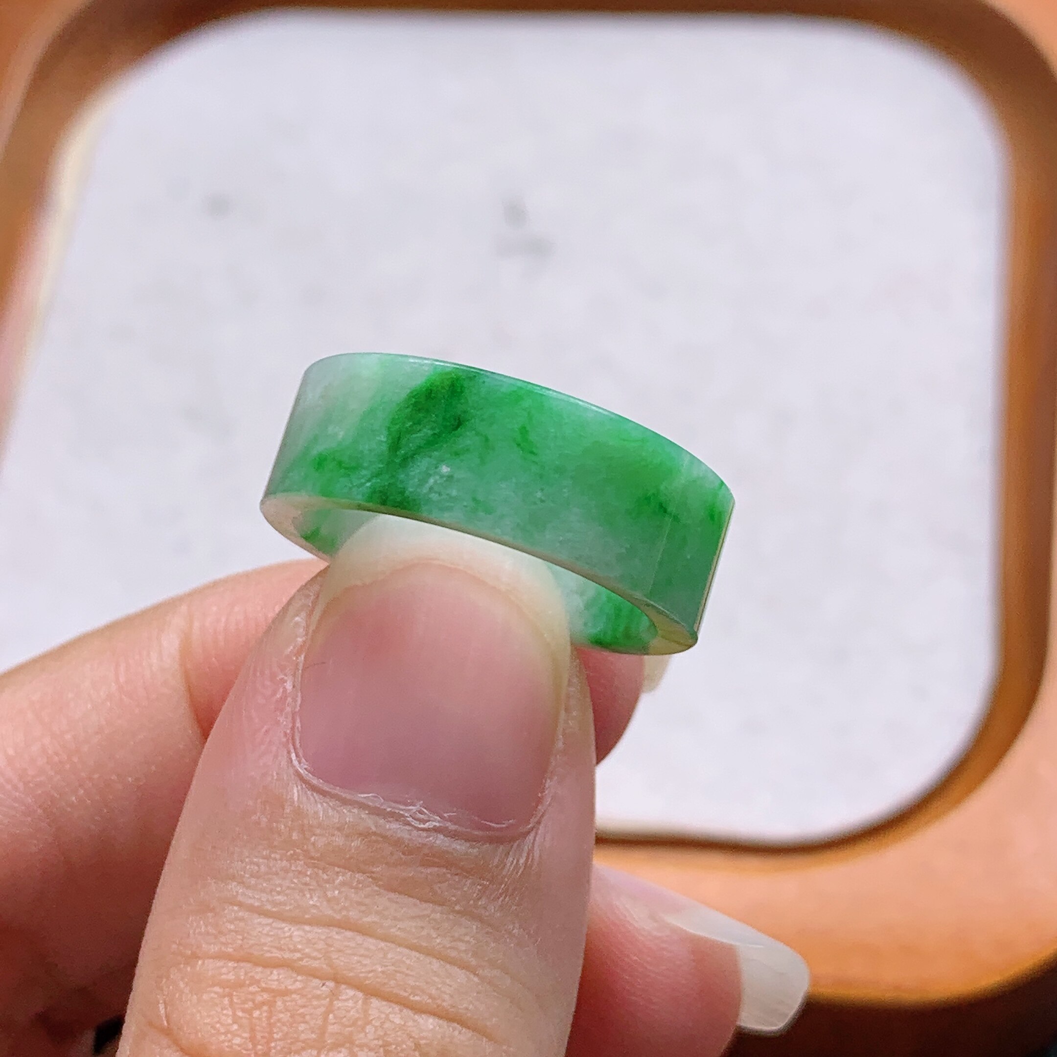 No. 11 Myanmar natural A-grade jadeite T1242 inner diameter 16.5-6.5-2.2mm floating green square ring