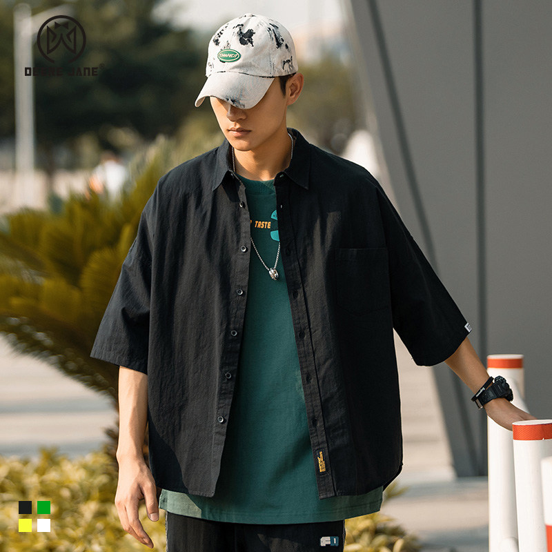 Summer five-point sleeve short-sleeved shirt men's American loose all-match oversize casual mid-sleeve half-sleeve inch shirt