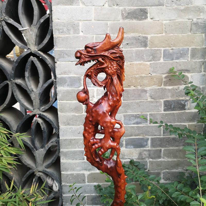 Dragon head phoenix Crutch Lemon wood scepter Zen scepter The old collection solid wood cane and stick with the root carved red wood