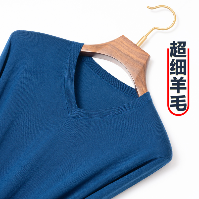 Thin Wool Sweater for Men, 100% Pure Wool, Long-Sleeved V-Neck Knitwear, Middle-Aged Sweetheart Collar Sweater, Fine-Spun Pullover Men's Clothing