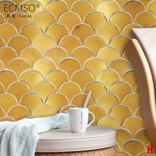 Скандинавская белая веерообразная керамическая мозаика из рыбьей чешуи, золотой фон, настенная плитка для входа в отель B & B, художественная настенная плитка