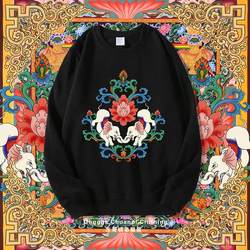 Original Tibetan Auspicious Elephant Print Round Neck pullover Sweatshirt Couple Casual Loose Autum New arrival Loose Tops Trendy
