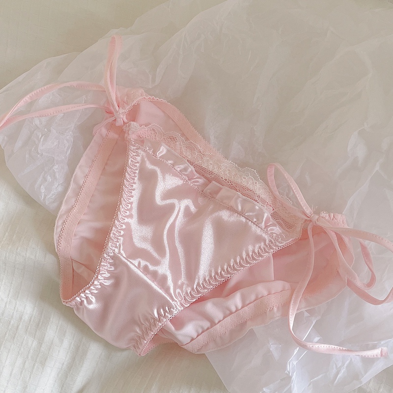 Pink French Satin High-End Imitation Silk Milk Silk Lace-Up Sexy Lace-Trimmed Women's Low-Rise Panties