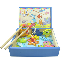 Foreign trade original single toy childrens wooden box fish pond magnetic safety fishing Parent-child interaction Patience training 2-3-4 years old