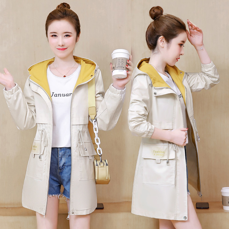 Wind coat Women's medium long version 2022 Spring and autumn new Korean version Lianhood student body Slim Fashion Academy Wind Jacket Woman