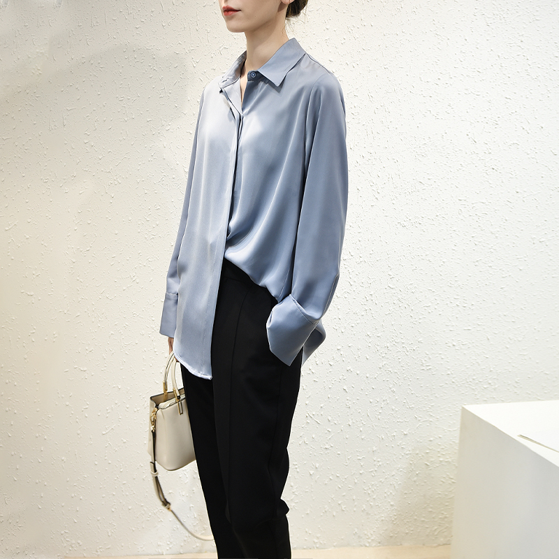 Acetate Satin Shirt for Women, Spring and Autumn Layering, Wrinkle-Resistant, Mulberry Silk, High-End Feel, Haze Blue, Concealed Placket, Silk Shirt