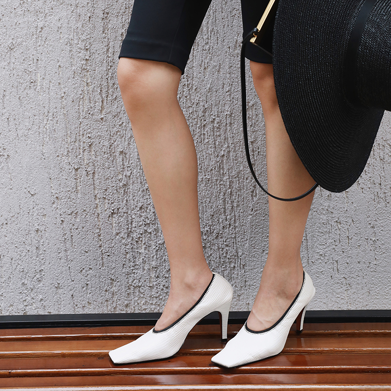 ALEXSARA High Set Series Square Head Fine Heel High Heels 2021 New Summer Sheep Leather Neri Single Shoe Woman