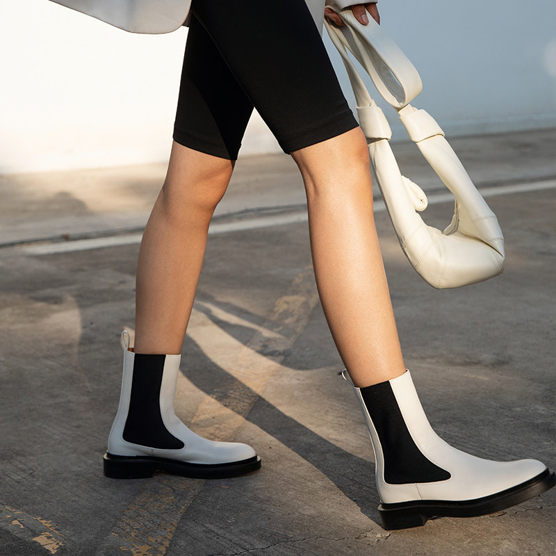 ALEXSARA2023 autumn winter new pint short boots women white low bunch flat bottom Martin boots thick bottom heightening Chelsea boots-Taobao