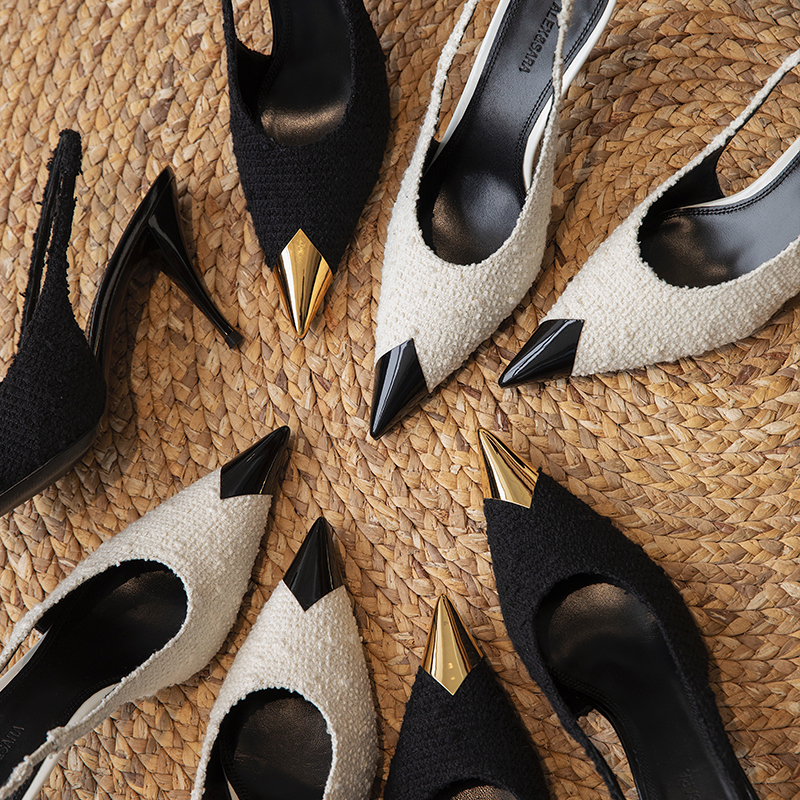 ALEXSARA 2022 Early spring new high heel Temperament Metal Head Hollowed-out pointed Short heel sandal women