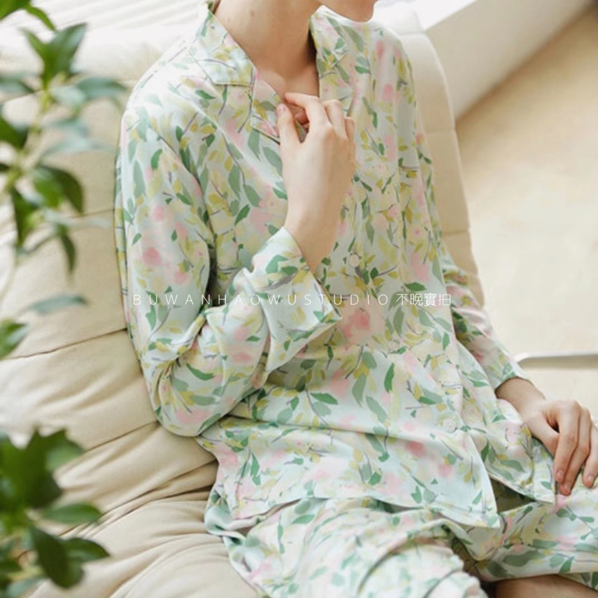 Original single) Foreign trade Green onion years Green Chopped Flowers Minimalist Style Florist cotton Guns satin pajamas home clothes