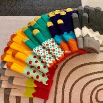 Touch screen Korean version of ins gloves female autumn and winter retro Joker students cute five finger wool knitting warm riding
