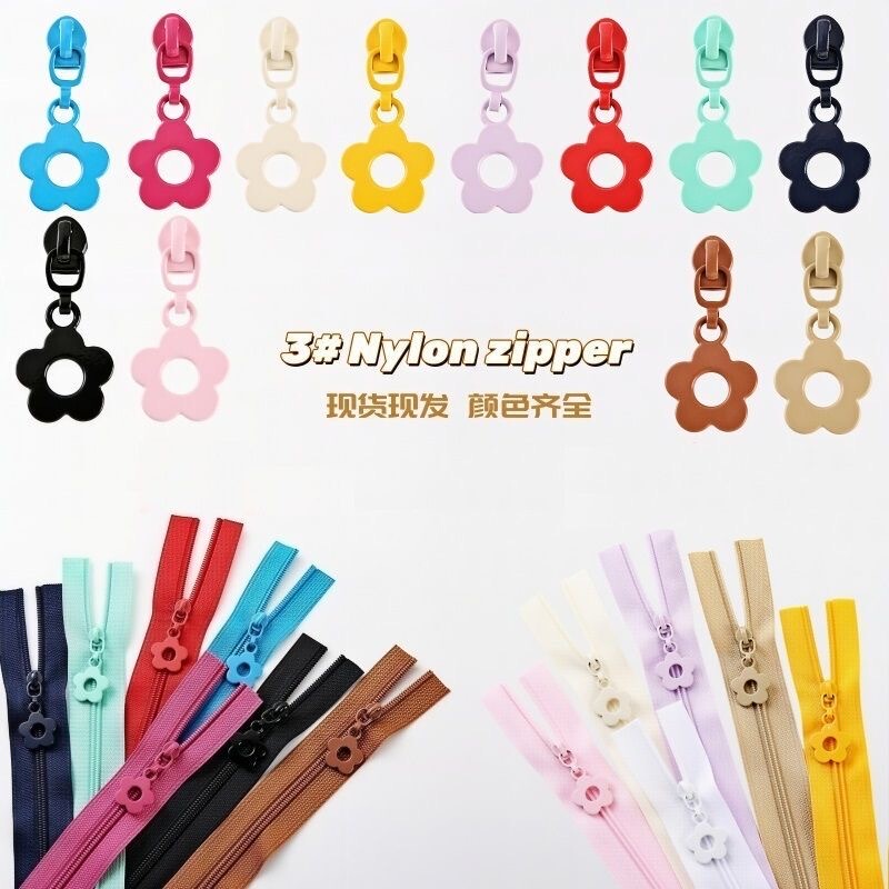 No. 3 Nylon Zipper with Colorful Puller, Suitable for Flower-Shaped Bags, Pencil Cases, Duvet Covers, Small Flower DIY Small Bags, Ready for Immediate Shipment