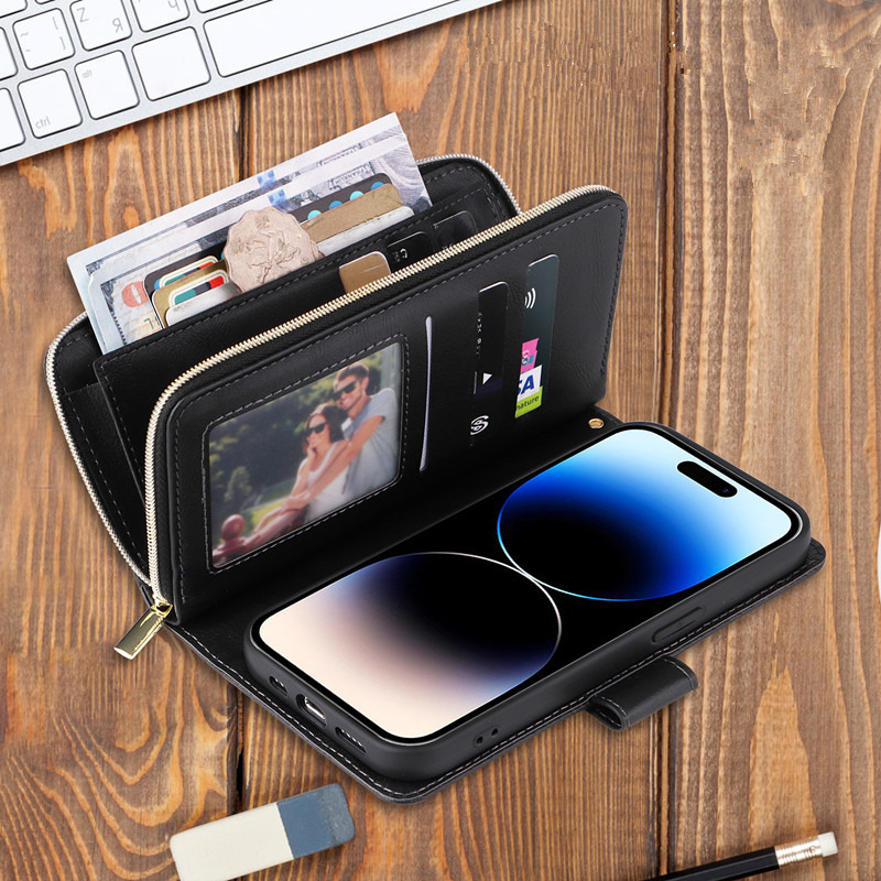 Suitable for Apple 17 Pro Max Phone Case, Business Multifunctional iPhone 16E Flip Cover, Full Protection Anti-Drop Leather Case, Apple 15 Pro Protective Case, New Card Slot 14 Plus Zipper Coin Card Holder 12