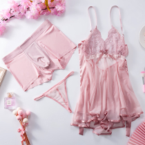 New ice silk couple underwear three-piece set couple pajamas nightgown home underwear set cute couple underwear