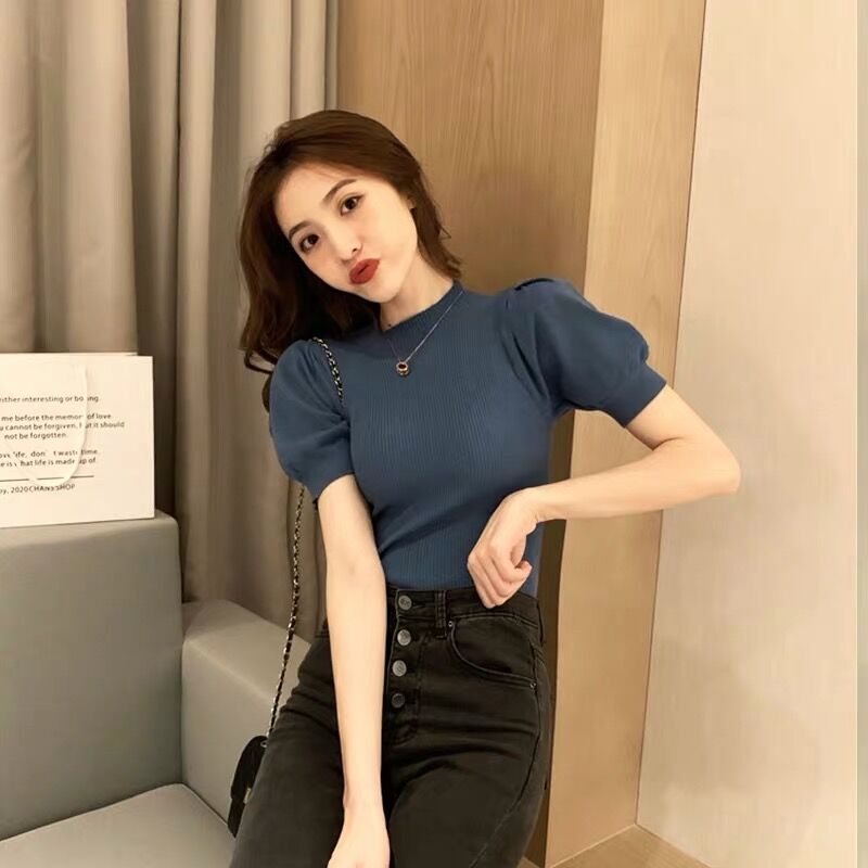 Puff Sleeve Ice Silk Short-Sleeve T-Shirt for Women, Summer 2026 New Design, Niche Knit Stylish Top, Thin