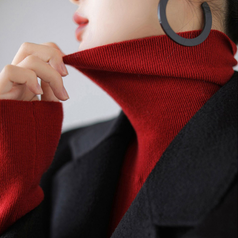 Red Turtleneck Cashmere Sweater for Women, Autumn and Winter 2026 New Style Knitwear, Stylish Top with Stacked Collar, Inner Layer Base Shirt