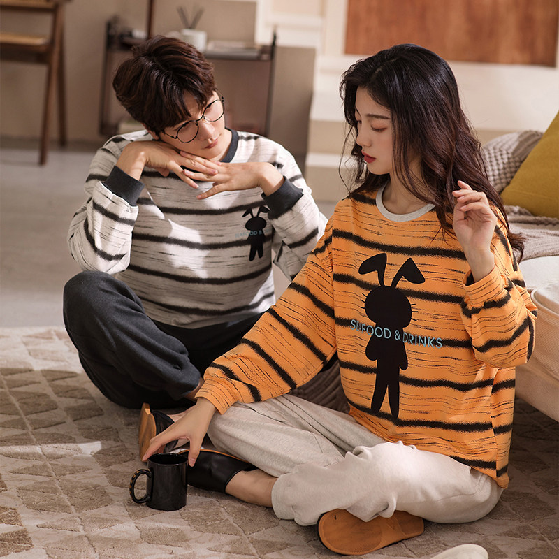 Couple's home conserved ladies spring and autumn season long sleeves pure cotton pyjamas can be outworn with cute loose casual men's two-piece suit