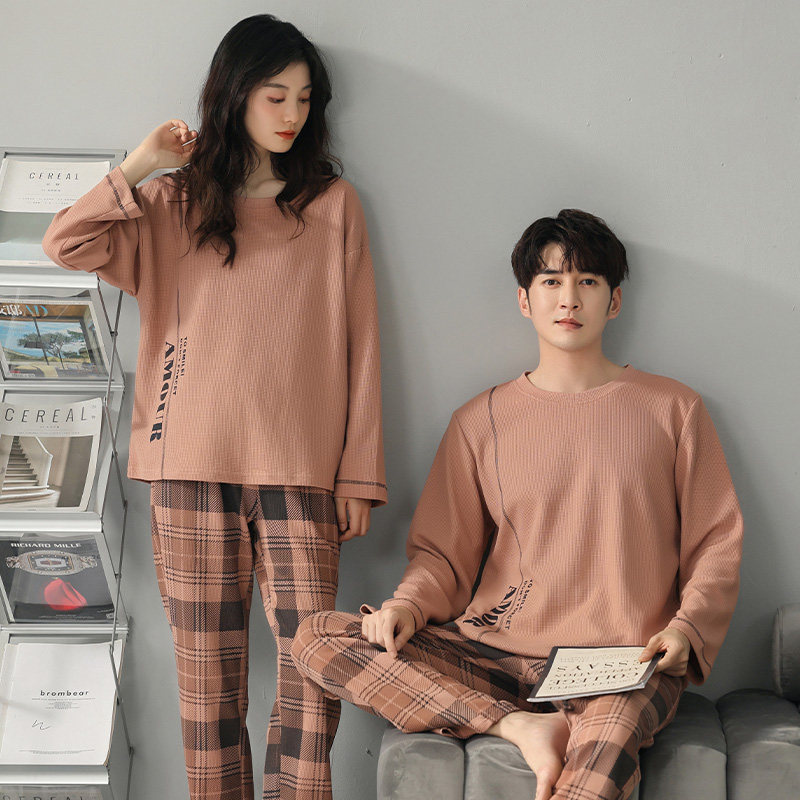 Couple pajamas women's cotton long-sleeved 2021 new simple can be worn outside waffle loose men's homewear suit