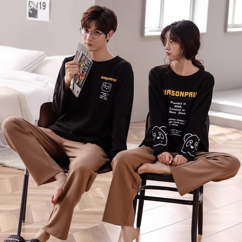 Couple pajamas women's spring and autumn cotton long-sleeved round neck casual can be worn loose loose men's home clothes two-piece suit