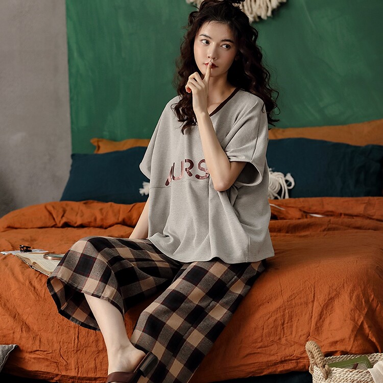 Pajamas women summer cotton in sleeve legs and eight pants Han edition of loose in wind can wear fashion home clothing suit