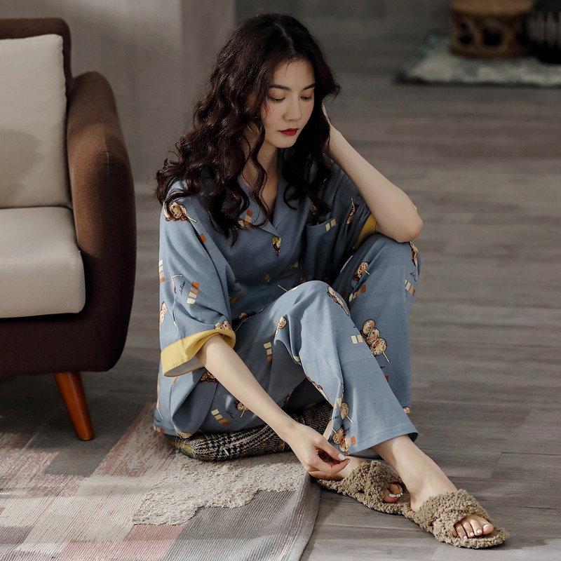 Spring pajamas female Xia pure cotton seven-sleeved pants open chest suit loose large size thin wear home suit