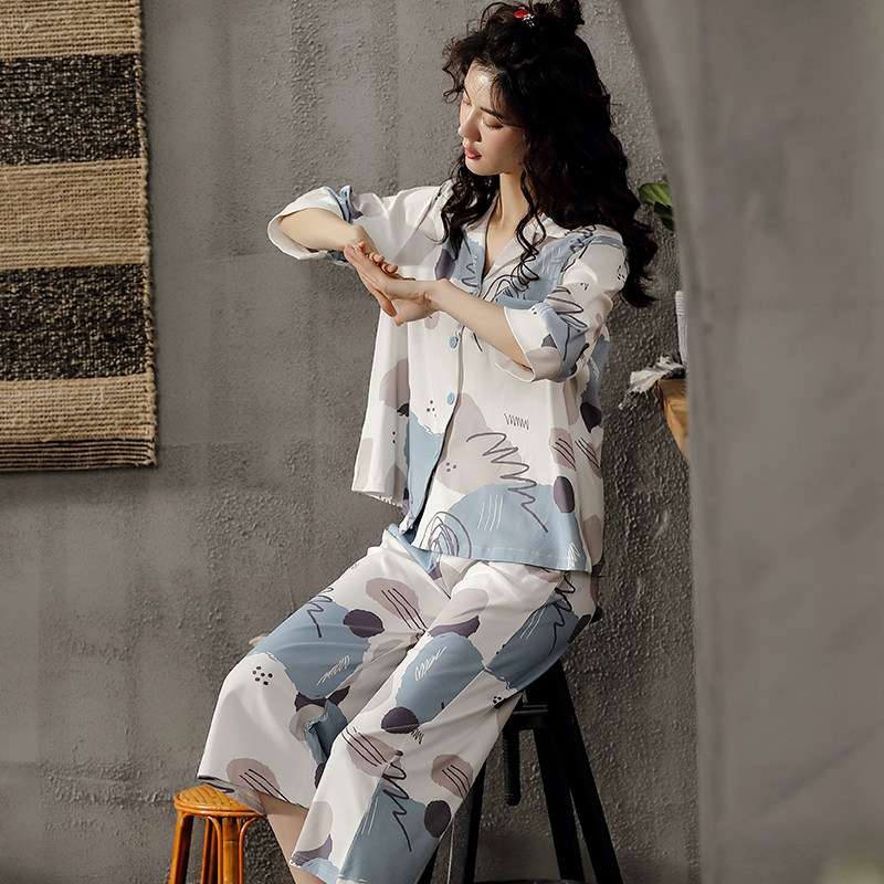 Pure Cotton Pyjamas Woman Spring Summer 70% Sleeves 80% Pants Korean Version Open Chest Thin can be worn outside the home Girl Teen Girl