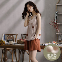 Harness Sleeping Dressing Woman Summer Pure Cotton With Chest Cushion Bra Sleeveless Sexy V Collar Shorts Vest Thin home jacket