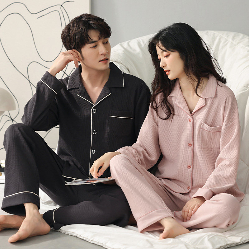 2021 spring and autumn couple pajamas women's pure cotton long-sleeved simple solid color loose large size home clothes suit can be worn outside