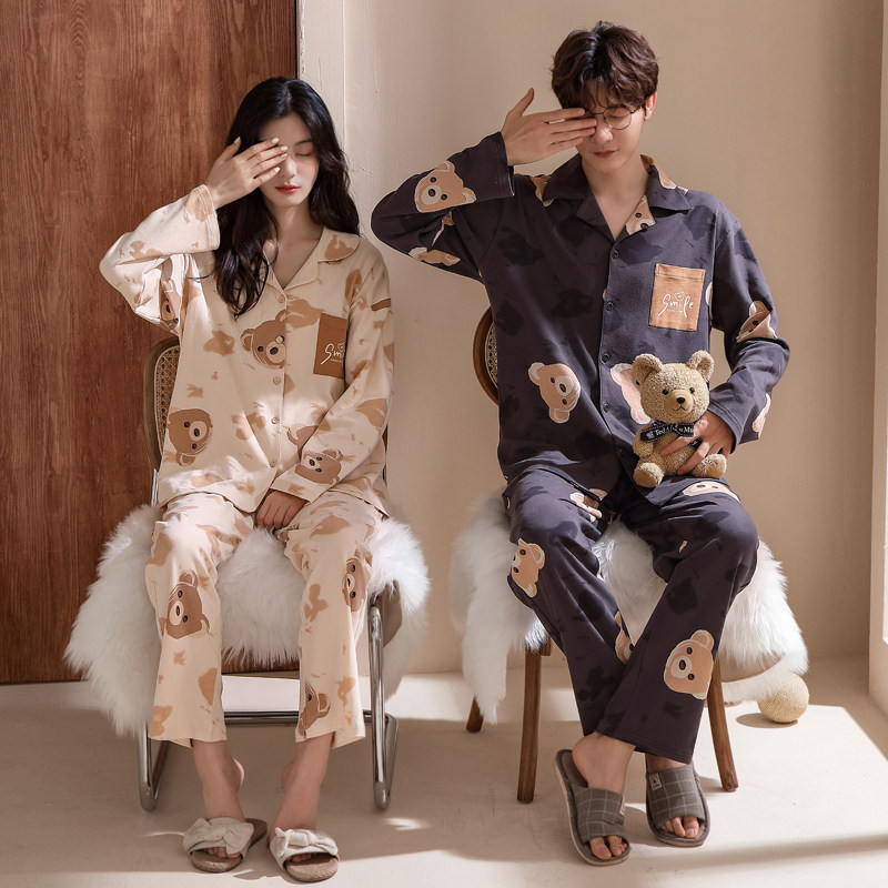 Fall Couple Nightdress Woman Sleeve Trouser Cutty Cartoon Loose Outside-Tied Men's Home Clothes
