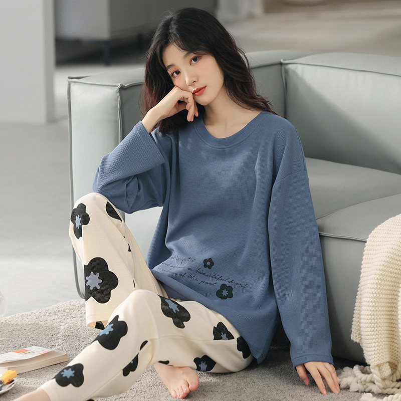Waffle cotton pajamas women's spring and autumn long-sleeved loose pullover can be worn outside casual sweet homewear suit