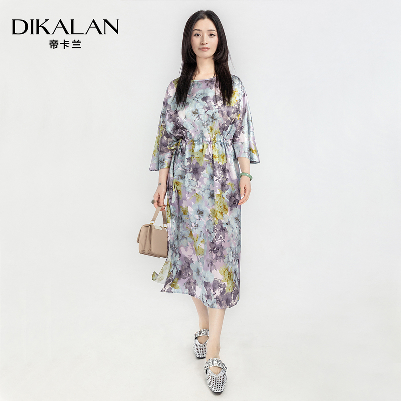 [Grade 6A Mulberry Silk] Dikalan Silk Dress with Medium-Long Sleeves, Summer New Chinese-Style Dress, Tea Break Dress 1602